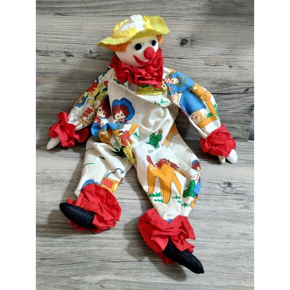Vtg Clown Big Creepy Shelf Sitter Happy Raggedy & Andy Print Costume Handmade - Picture 1 of 10